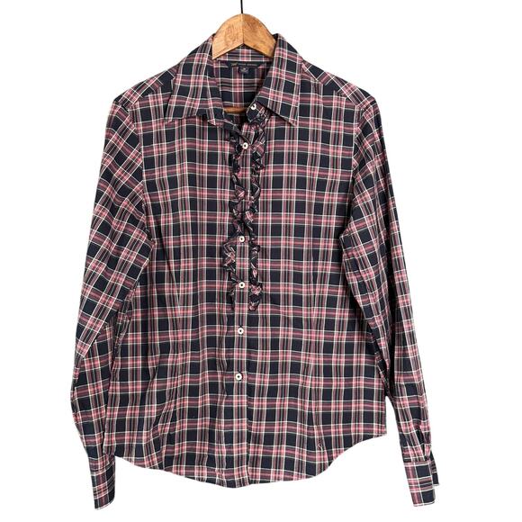 Brooks Brothers 346 Blouse Womens 16‎ Blue Pink Plaid Ruffle Preppy Button Shirt - Picture 1 of 11